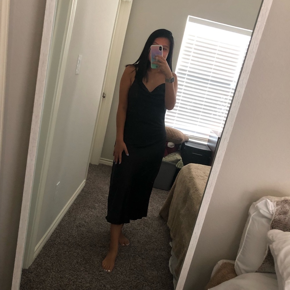 Black Cowl Neck Satin Midi Dress